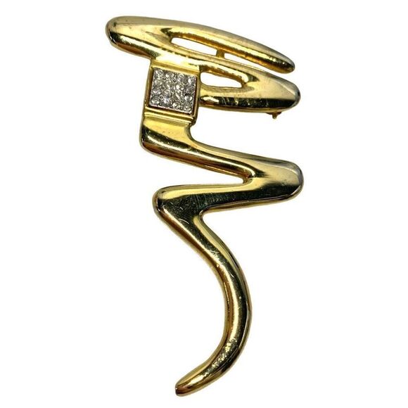 Vintage Park Lane 3" Gold Tone Swiggle Pattern Brooch with Rhinestones - Picture 3 of 6